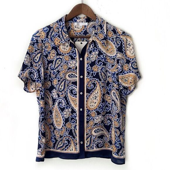 DR2 Button Up Short Sleeve Blue Paisley Blouse Top - Picture 1 of 6